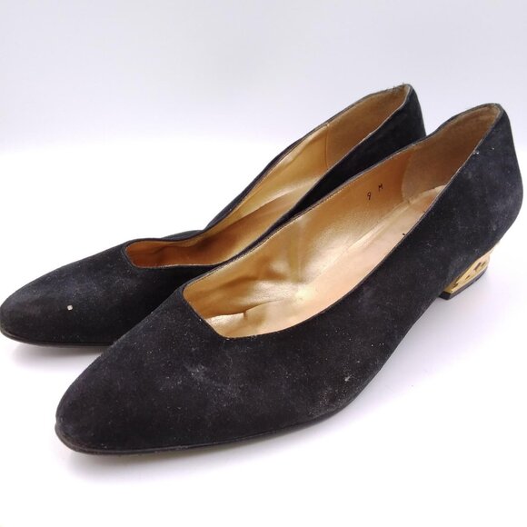 Womans Ladies Black Suede Slip On Gold Panther Heels Pumps Shoes Size 9M - Picture 7 of 9